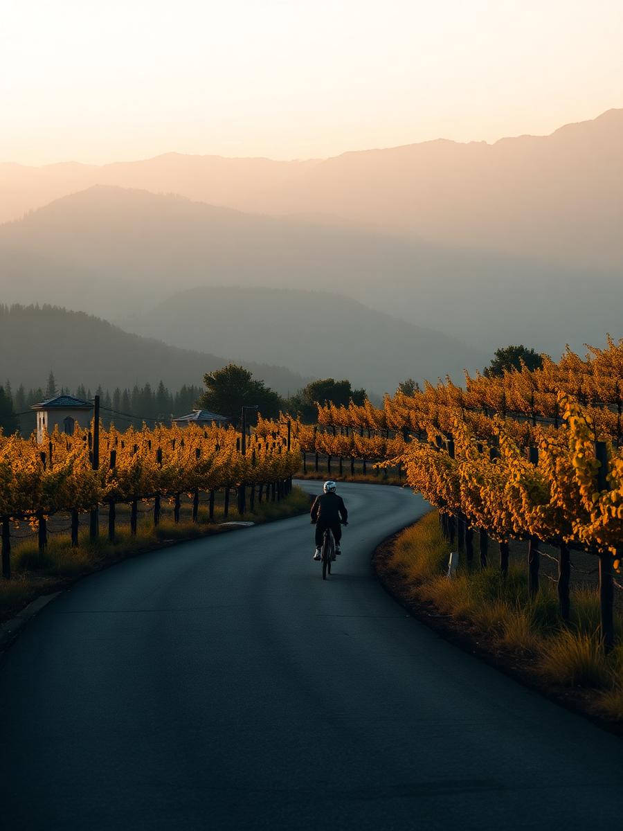 Ciclista em estrada sinuosa entre montanhas e vinhedos